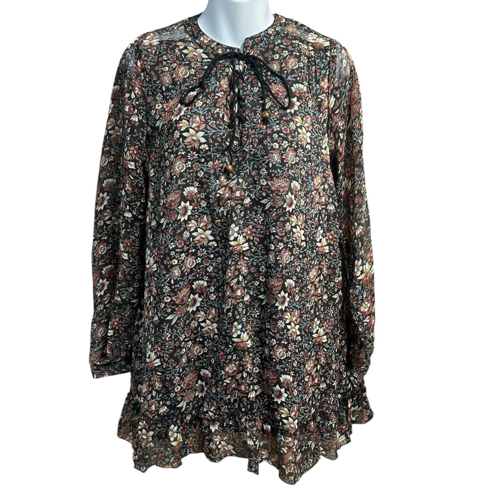 Raga Mini Dress Womens XS Floral Semi Sheer Lace Up Neck Ruffle Lined Festival